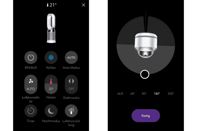 Das Steuerungs Interface der Dyson Link App mit allen Funktionen zur Steuerung und die Winkeleinstellung des Dyson Luftreinigers